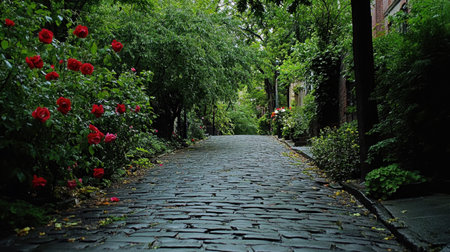 A picturesque cobblestone pathway lined with vibrant red roses and lush greenery creates a tranquil atmosphere perfect for leisurely strolls in nature.の素材
