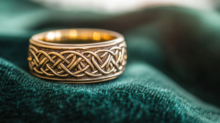 A stunning gold ring with a delicate knot design displayed on soft green fabric, showcasing its intricate details and luxurious shine, perfect for special occasions.の素材