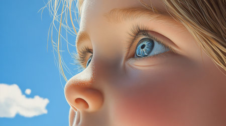 A captivating close-up portrait of a child with bright blue eyes gazing upward against a clear blue sky, conveying innocence and wonder. This image evokes emotions of curiosity and joy.の素材