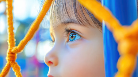This close-up portrait features a child with bright blue eyes gazing thoughtfully through colorful ropes of a playground structure, encapsulating innocence and curiosity.の素材