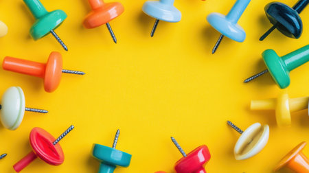 A vibrant arrangement of colorful sewing pins on a bright yellow background, creating an inviting and cheerful atmosphere perfect for any crafting project.の素材