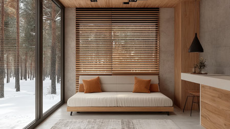 This inviting minimalist living room features warm wood accents and large windows showcasing a serene snowy forest, creating a perfect peaceful retreat.の素材