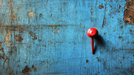 A bright red push pin stands out dramatically against a weathered blue surface, highlighting textures and colors for a rustic yet minimalist aesthetic.の素材
