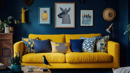 A vibrant living room featuring a bright yellow sofa adorned with cushions, surrounded by artistic decor, perfect for modern home styling ideas.の素材