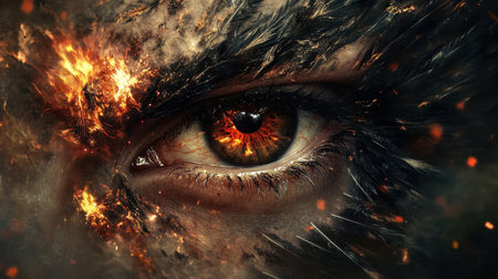 This striking image showcases a fiery eye engulfed in flames, surrounded by dark textures, perfect for projects in fantasy and dramatic themes.の素材