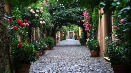 A charming cobblestone alleyway lined with vibrant roses and lush greenery creates a serene atmosphere, perfect for leisurely strolls in a historic setting.の素材