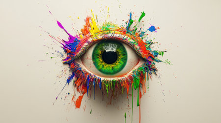 A stunning, colorful eye surrounded by splashes of vibrant paint, symbolizing creativity and artistic expression. Ideal for creative projects.の素材