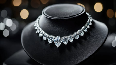 This exquisite heart-shaped crystal necklace is elegantly displayed on a black bust, accented by a soft bokeh background that enhances its luxury and style.の素材