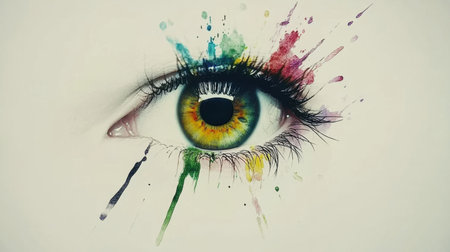 This captivating image features a detailed eye surrounded by vibrant paint splashes, symbolizing artistic creativity and imagination. The combination of colors creates a striking visual effect, inviting viewers to explore themes of beauty and expression.の素材
