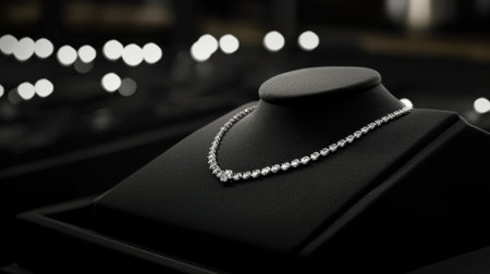 A stunning diamond necklace elegantly displayed on a black velvet stand, surrounded by soft blurred lights that enhance its shine and beauty. Perfect for showcasing luxury jewelry.の素材