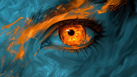 This striking close-up of an eye features a vibrant orange iris surrounded by fiery flames against a cool blue background, evoking intense emotions.の素材