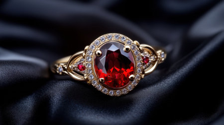 This exquisite gold ring showcases a stunning red gemstone at its center, framed by brilliant diamonds, creating an elegant and luxurious accessory.の素材