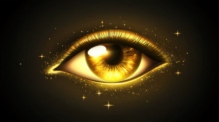 This captivating image features a golden eye shimmering with sparkles against a dark background, evoking feelings of mystery and wonder. Perfect for artistic projects.の素材