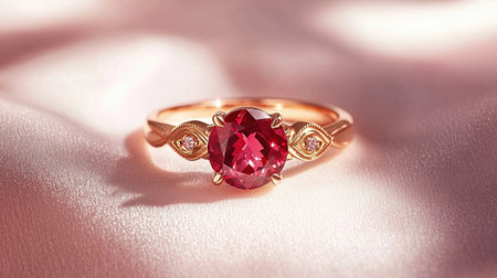 A beautiful ruby ring showcasing a bright gem set in an exquisite gold band. The soft fabric background enhances its elegant design and highlighting details.の素材