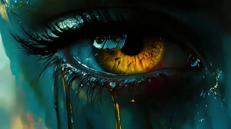 This captivating close-up showcases a tear-streaked eye, highlighting strong color contrast and emotional intensity, evoking deep feelings of sorrow and beauty.の素材