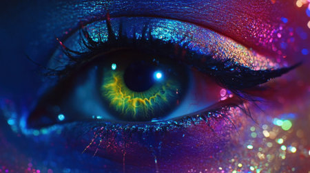 This captivating image showcases a close-up of an eye adorned with colorful eyeshadow and sparkling glitter, illuminated by vibrant neon lights.の素材
