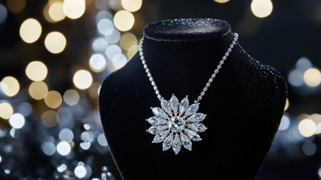 This stunning necklace features an intricate design adorned with sparkling gemstones, beautifully displayed against a soft bokeh background, ideal for showcasing luxury and elegance.の素材