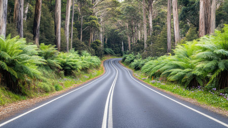 A captivating view of a winding road surrounded by lush greenery and majestic trees, inviting travelers to explore the serene beauty of nature.の素材