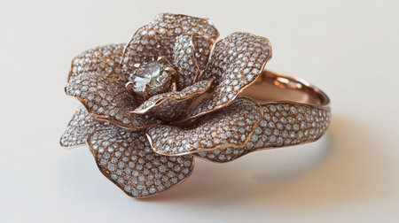 This exquisite rose-shaped bracelet features intricate detailing with sparkling gems, perfect for showcasing luxury and elegance in jewelry photography.の素材