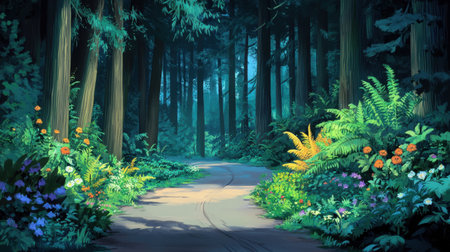 This enchanting scene captures a serene forest path surrounded by vibrant foliage and colorful flowers, inviting exploration and tranquility in nature.の素材