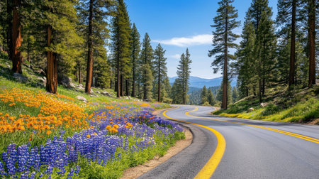 A picturesque winding road meanders through a vibrant meadow filled with wildflowers, framed by tall trees and a bright blue sky, inviting exploration.の素材