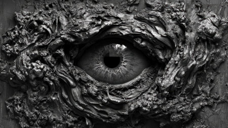 This striking art piece features an eye surrounded by intricate textures, creating a thought-provoking and surreal visual experience. The monochrome color scheme enhances the depth and detail of the organic design, making it a unique addition to any artistic collection.の素材