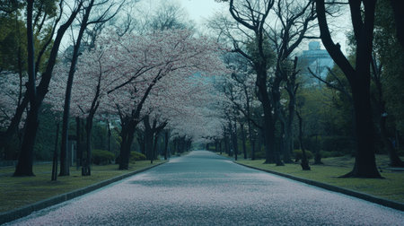A tranquil scene showcasing a cherry blossom-lined pathway in a peaceful park, filled with delicate petals. The soft light illuminates the serene atmosphere, perfect for nature lovers.の素材