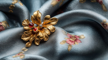 This image showcases an elegant gold flower brooch adorned with red stones, resting on a soft, floral-patterned silk fabric, highlighting luxury and craftsmanship.の素材