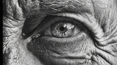 This striking monochrome image captures the unique texture and emotion of an elderly eye, showcasing the intricate details that reflect a lifetime of experiences.の素材
