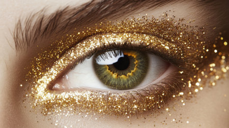 A mesmerizing close-up of an eye featuring stunning gold glitter makeup that accentuates the unique patterns of the iris, showcasing vibrant beauty.の素材