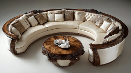 Discover a stunning circular sofa showcasing plush cushions, rich wood elements, and a sophisticated coffee table in a contemporary living room ambiance.の素材