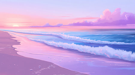 Experience the calming beauty of a serene beach scene at sunrise, featuring gentle waves, soft colors, and a peaceful atmosphere perfect for relaxation.の素材