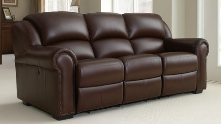 This elegant brown leather sofa features plush cushions and a classic design, perfect for enhancing the comfort and style of any living space.の素材