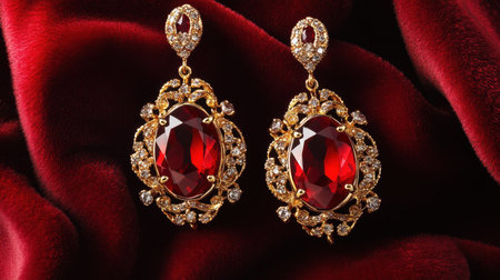A stunning pair of earrings featuring large red gemstones set in intricate gold filigree. These elegant accessories are perfect for special occasions, adding a touch of luxury.の素材