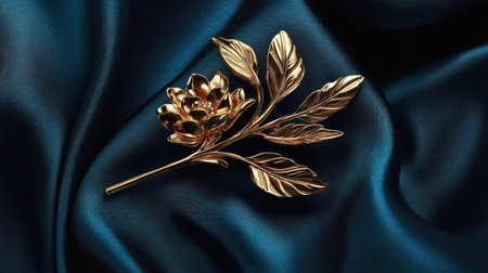 This stunning image showcases a golden flower brooch elegantly placed on rich blue satin fabric. The design highlights intricate details and luxury, perfect for fashion or jewelry themes.の素材