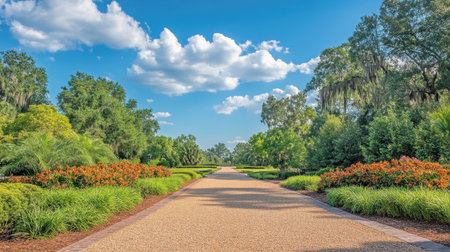 A picturesque gravel pathway meanders through a vibrant garden lush with greenery and colorful flowers, showcasing a serene and inviting outdoor space.の素材