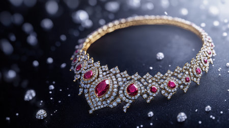 This stunning gold necklace features intricate designs adorned with vibrant rubies and sparkling diamonds, set against a rich, dark background.の素材