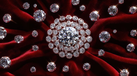 This stunning image showcases an elegant arrangement of sparkling diamonds set against a rich red fabric. The vibrant contrast emphasizes the beauty and intricacy of the gemstones.の素材