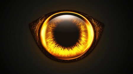 This striking digital art piece features a captivating eye with a fiery orange iris and dark pupil, set against a mysterious black background. The vivid colors and intricate details create a sense of depth and intrigue, making this artwork perfect for various creative projects.の素材