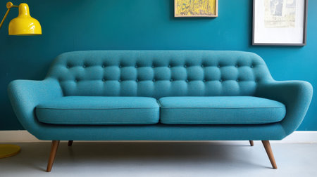 A beautifully designed mid-century modern turquoise sofa placed against a vibrant teal wall, complemented by a stylish yellow lamp and decorative art pieces, perfect for any contemporary living space.の素材