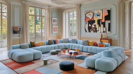 A spacious and elegant living room featuring a unique curved blue sofa with colorful cushions, complemented by contemporary artwork and modern decor.の素材