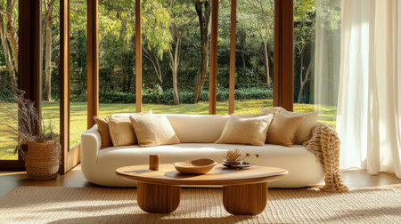 This modern living room showcases a stylish sofa bathed in natural light, creating a warm and inviting atmosphere. Surrounded by greenery, it exudes comfort and elegance.の素材