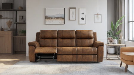 A cozy living room showcasing a stylish brown recliner sofa, accent chairs, and modern decor bathed in natural light, creating an inviting atmosphere.の素材