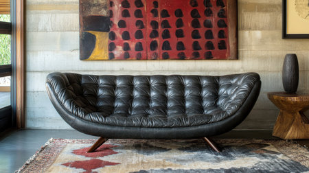 A chic black leather sofa featuring a tufted design sits elegantly in a modern living room. The backdrop boasts abstract wall art, enhancing the cozy atmosphere.の素材