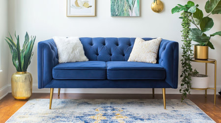 A beautifully styled blue sofa takes center stage in a modern living room filled with green plants and decorative artwork, ideal for interior design inspiration.の素材