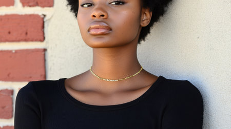 This striking portrait features a young woman with a natural afro hairstyle, exuding confidence against a textured brick wall, ideal for beauty themes.の素材
