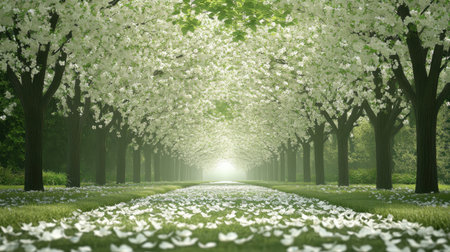 A breathtaking view of a serene pathway flanked by lush blossom trees, with delicate white petals scattered on the ground, creating a peaceful garden atmosphere.の素材