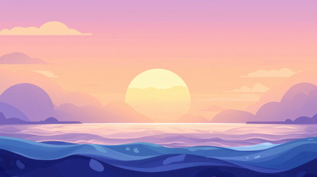 This stunning illustration captures a vibrant sunset over calm ocean waves, featuring soft purple and pink tones in the sky. Ideal for relaxation themes.の素材