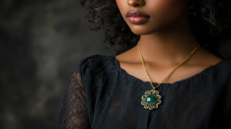 A stunning portrait of a model adorned with a vintage necklace, featuring a beautiful gemstone on an elegant gold chain, set against a soft backdrop.の素材