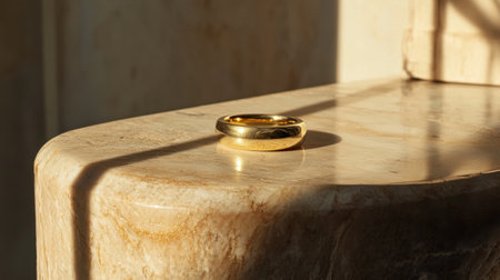 A stunning gold ring rests gracefully on a polished marble surface, illuminated by soft natural light that creates gentle shadows, exuding elegance.の素材